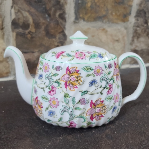 Minton Other - Minton Haddon Hall Floral Bone China Green Rim Pattern Teapot